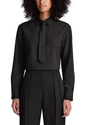 Crop Long Sleeve Button Front Pinstripe Shirt with Tie by Kenneth Cole