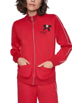 Zip Front Stand Neck Bow Jacket by Karl Lagerfeld