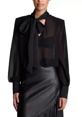 Tie Neck Blouse with Voluminous Balloon Sleeves by Kenneth Cole