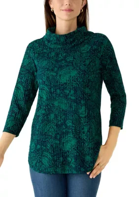 3/4 Sleeve Hacci Cowl Neck Print Top by Kim Rogers
