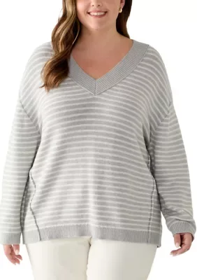 Striped V-Neck Tunic Sweater by Olive  Oak