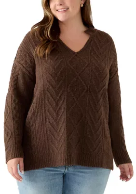 Notch Neck Cable Tunic Sweater by Olive  Oak