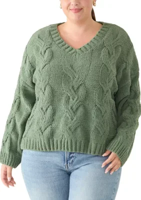 Long Sleeve V-Neck Cable Knit Sweater by Olive  Oak