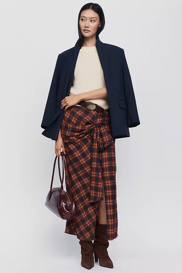 Karm Wool Cotton Tartan Draped Maxi Skirt by Essentiel Antwerp