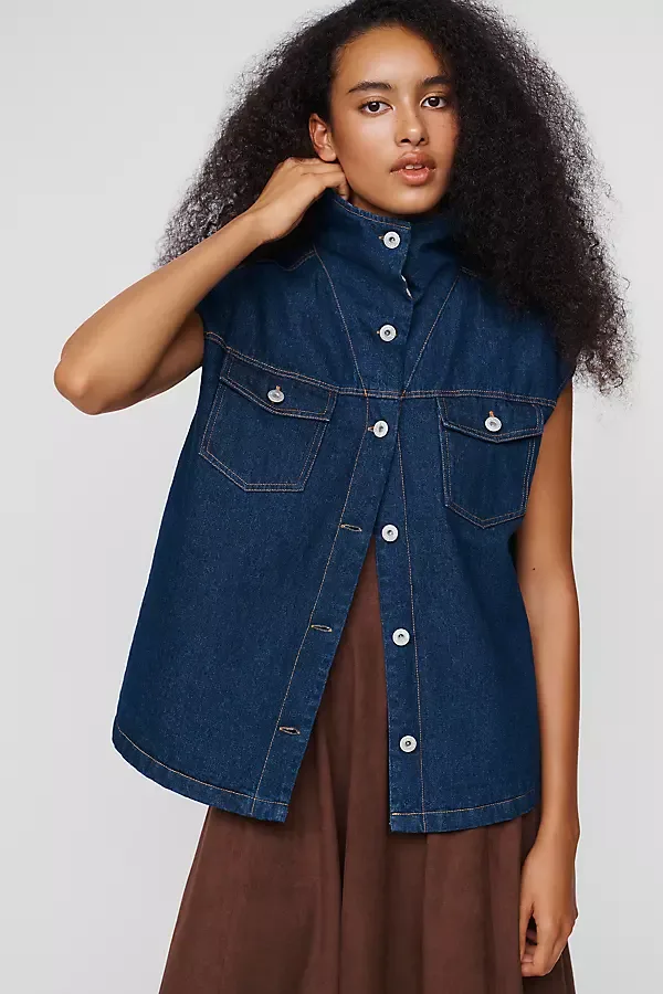 Ihhiramo Denim Funnel Neck Vest Jacket by Ichi