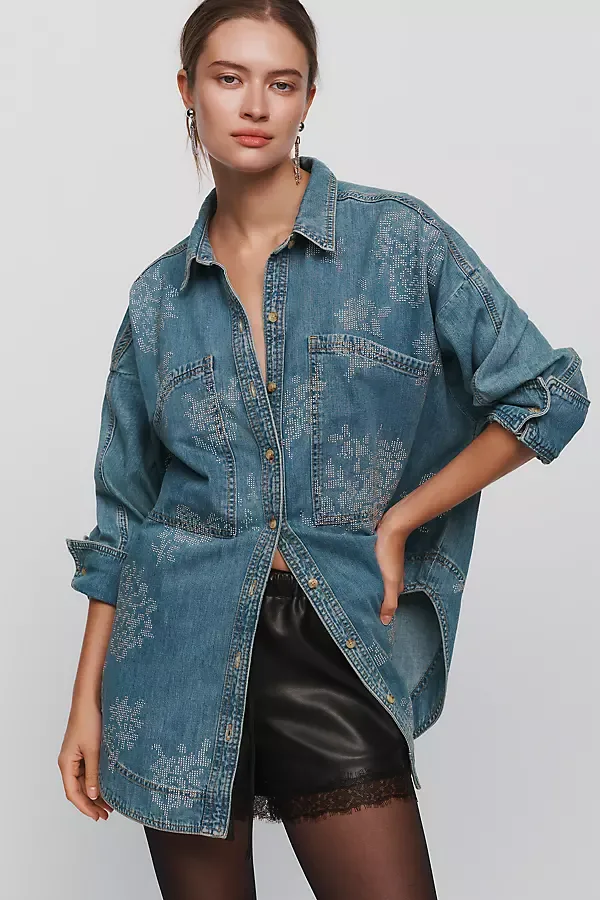 Denim Floral Buttondown Shirt by Pilcro