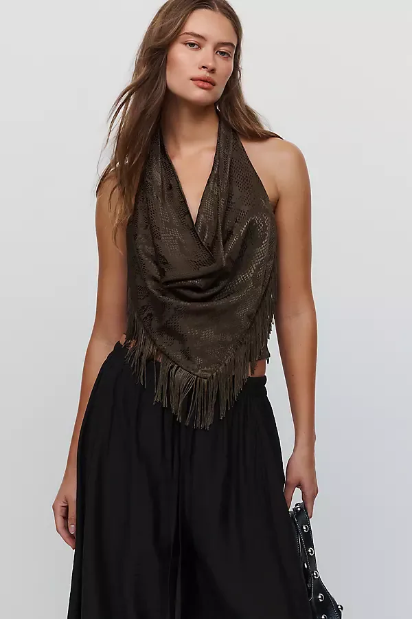 Satin Cowl Neck Fringed Halter Top by Maeve