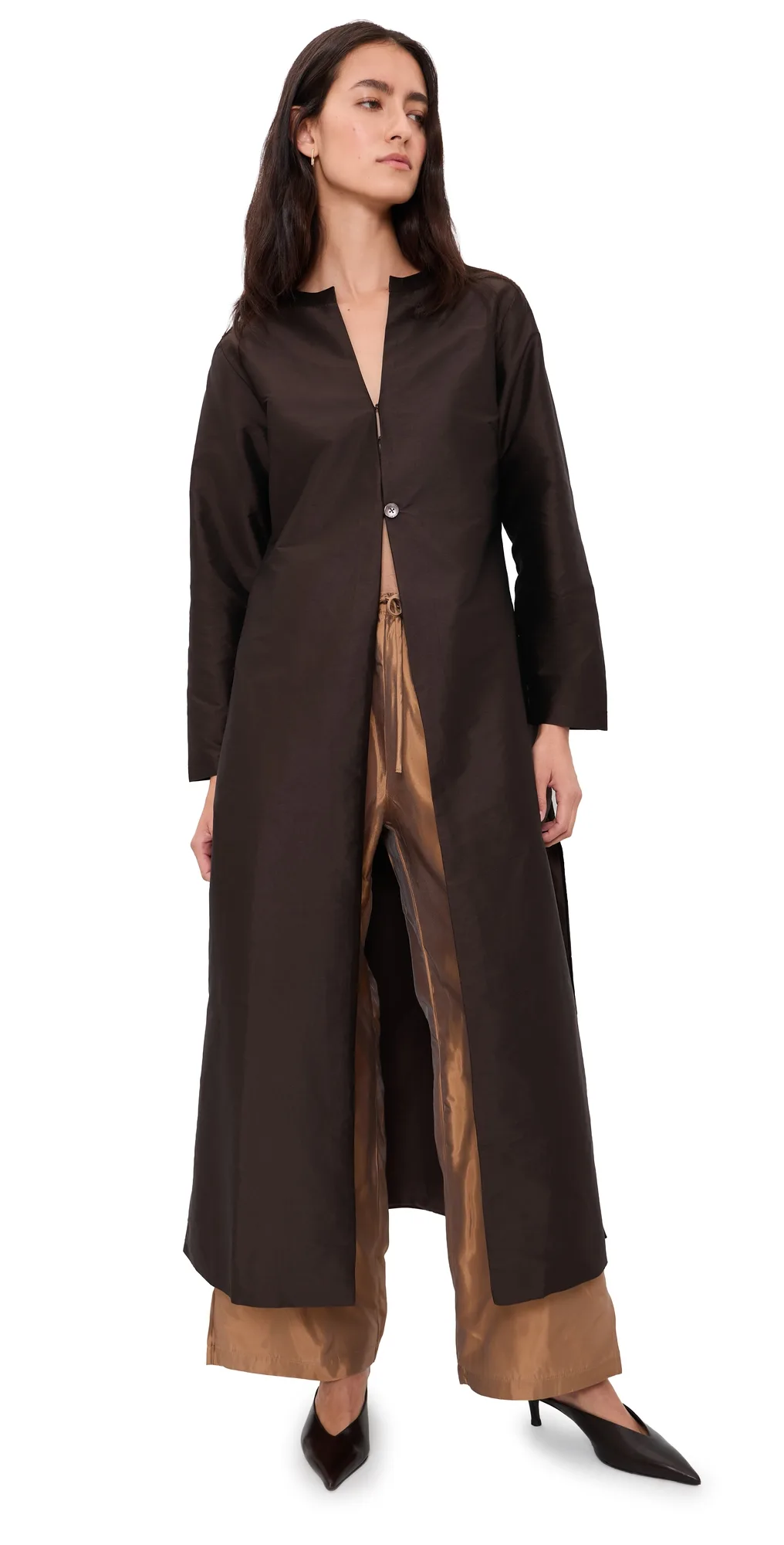 Techno Taffeta Collarless Coat by Chan Luu