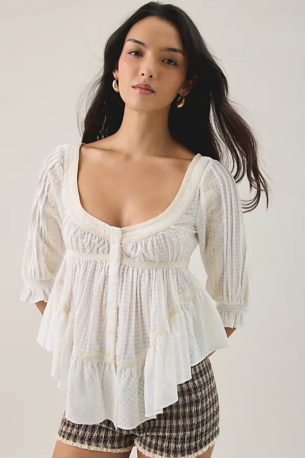 Amelia Cotton Lace Trim 3/4 Sleeve Babydoll Top by BDG