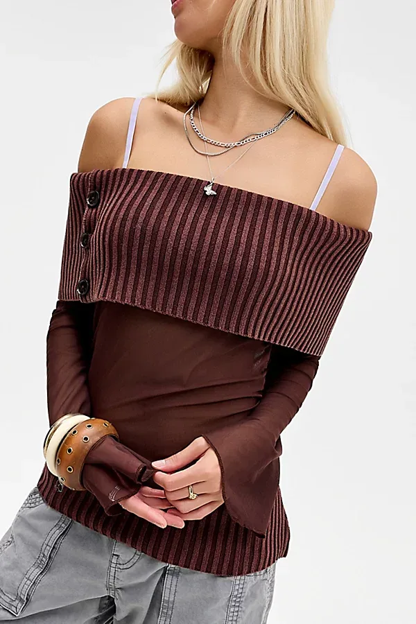 UO Jae Asymmetric Button Off-The-Shoulder Sweater by Urban Outfitters