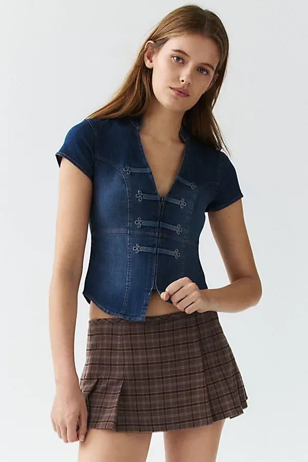 Tori Denim Short Sleeve Frog Fastening Shirt Top by BDG