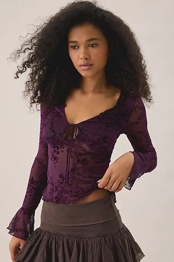 Teagan Flocked Sheer Mesh Long Sleeve Top by Kimchi Blue