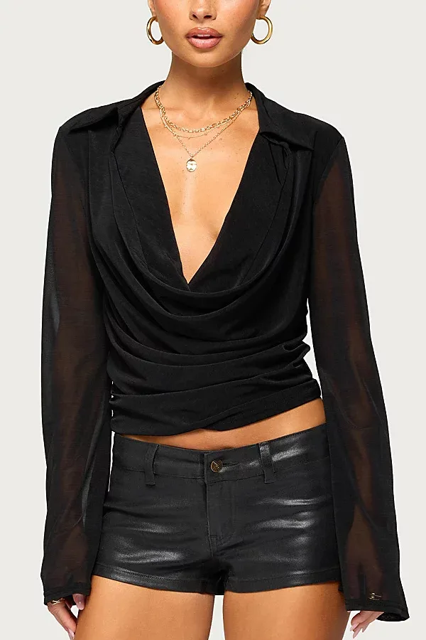 Paela Mesh Cowl Neck Long Sleeve Top by Edikted