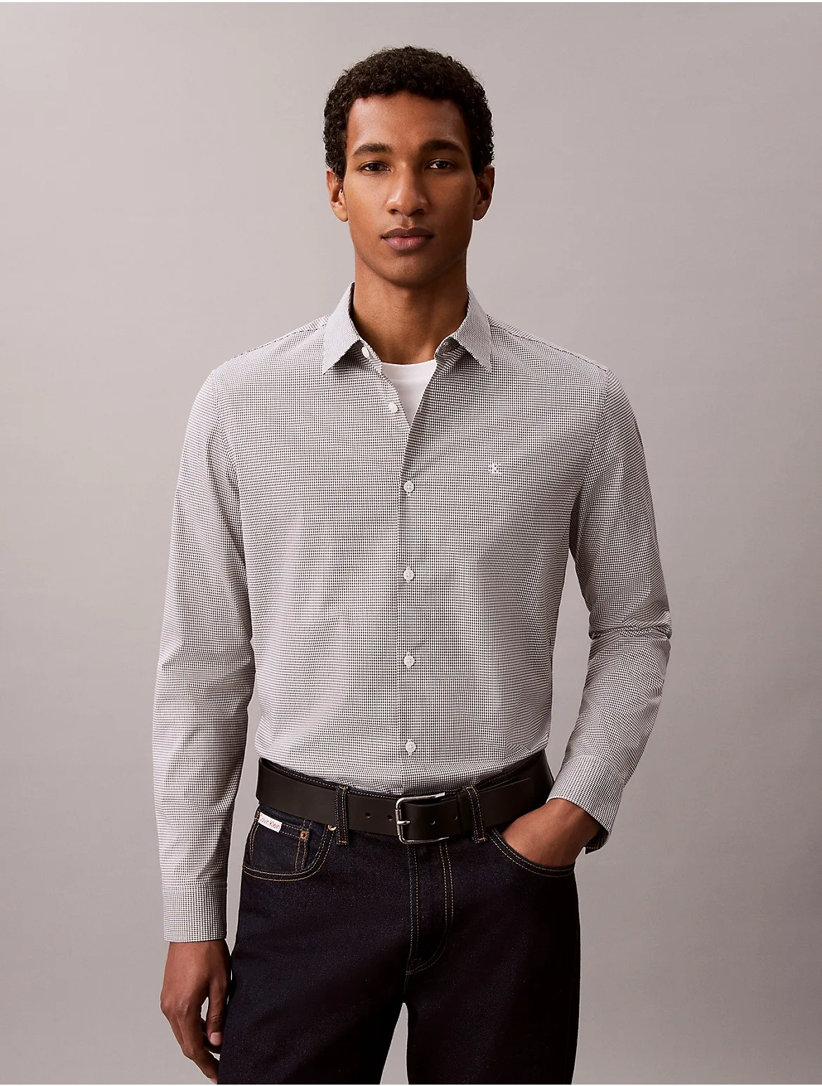 Cotton Stretch Gingham Slim Button-Down Shirt by Calvin Klein