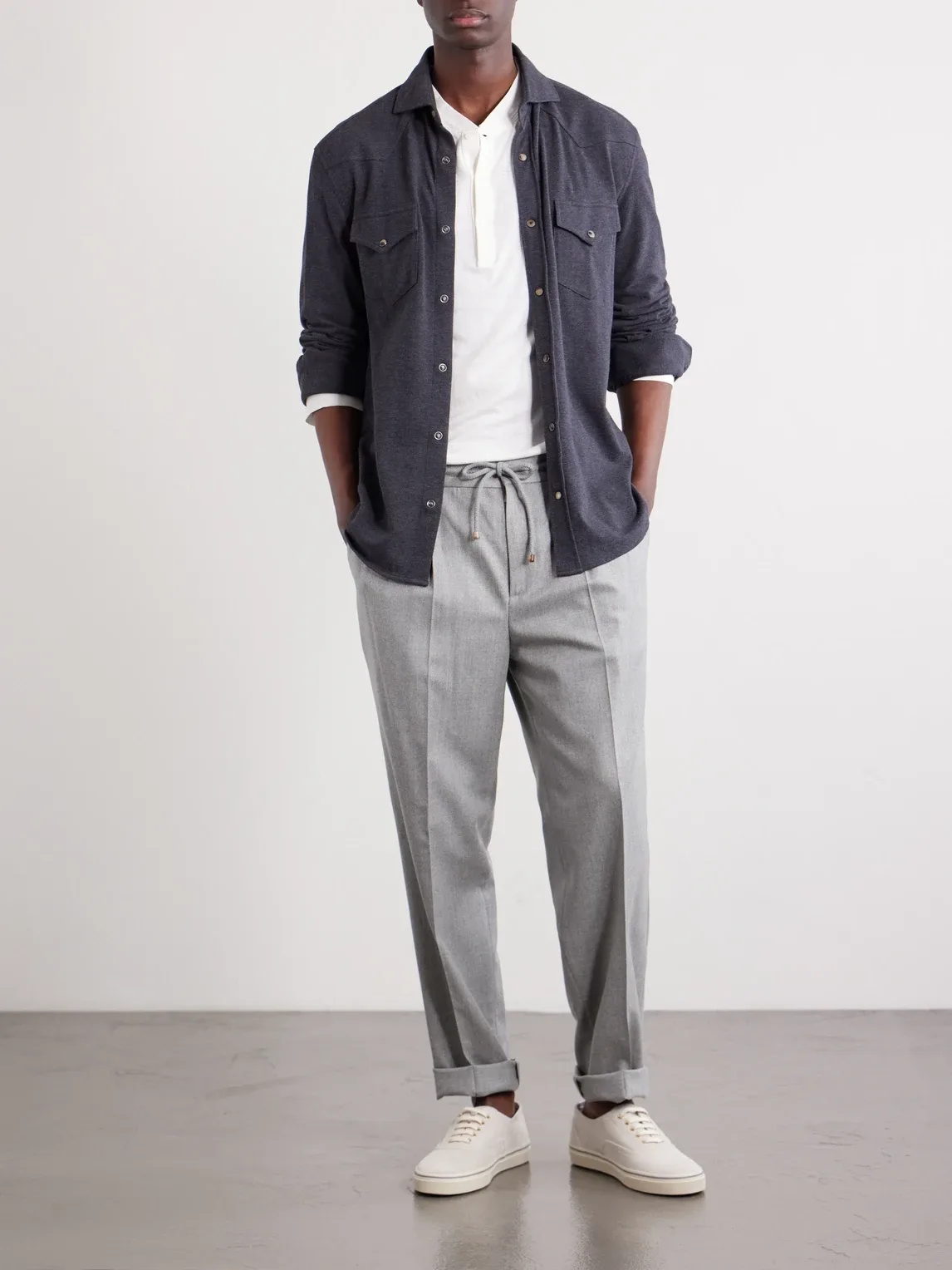 Tapered Pleated Virgin Wool-Flannel Drawstring Trousers by Brunello Cucinelli
