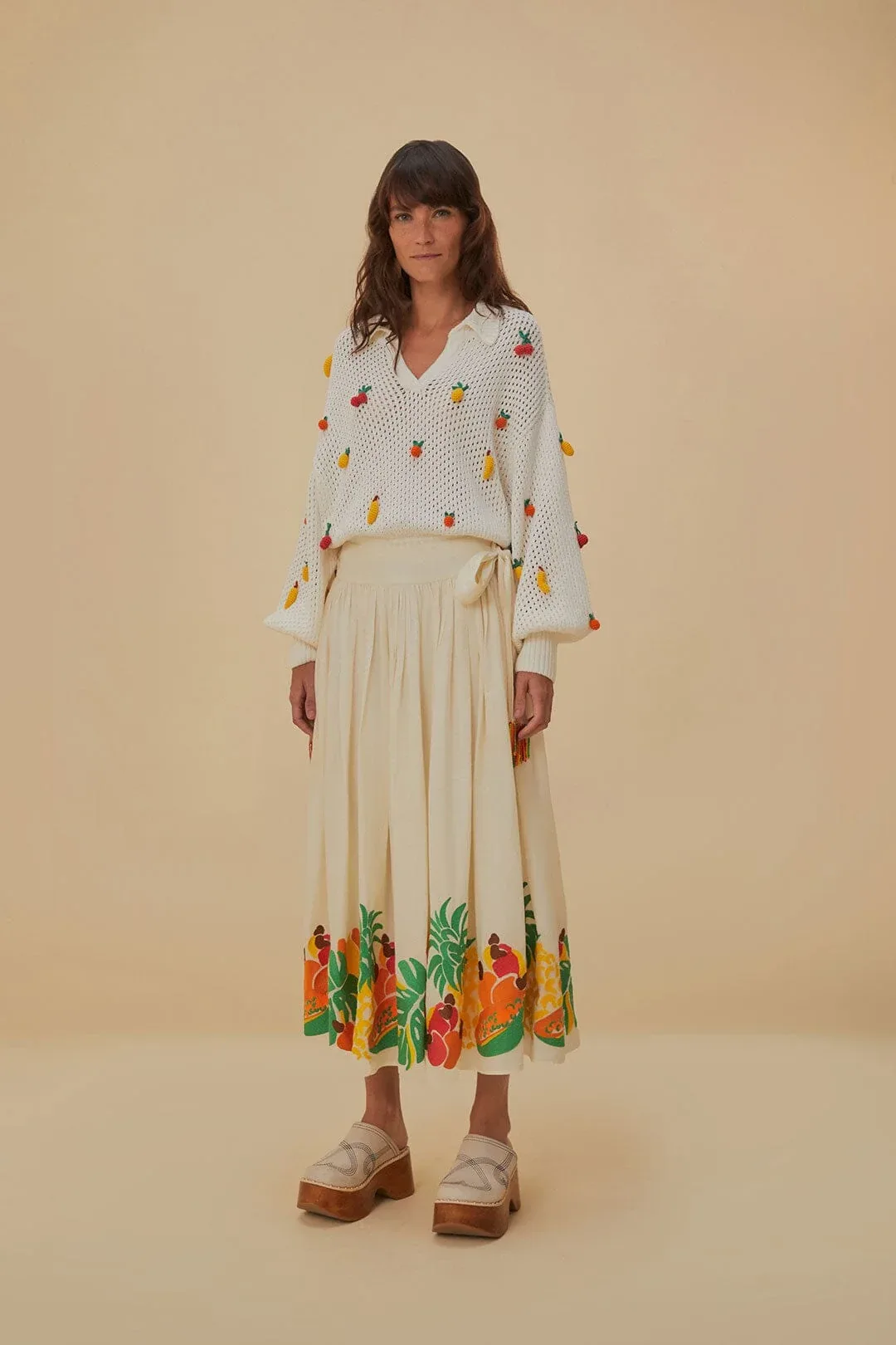 Embroidered Fruits Side Bow Midi Skirt by FARM Rio
