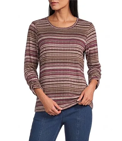 Jersey Knit Yarn Dye Stripe Crew Neck 3/4 Sleeve Top by Intro