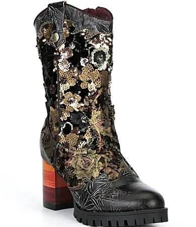 My Oh My Sequin Leather Western Inspired Boots by Lartiste