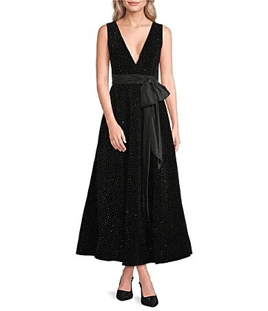 Mac Duggal Velvet V-Neck Bow Midi Dress by M.A.C.