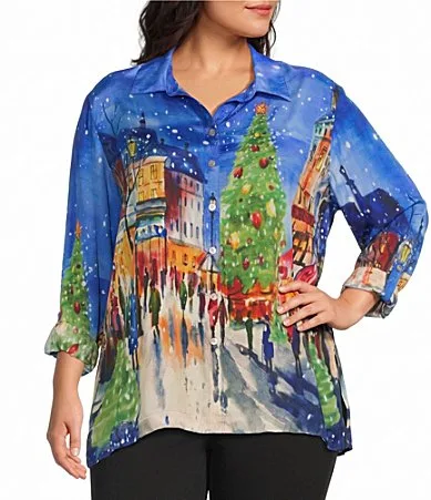 Woven Holiday Novelty Print Wire Collar Long Roll-Tab Sleeve Button Front Tunic by John Mark