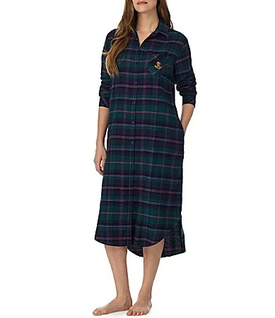Lauren Ralph Lauren Plaid Long Sleeve Notch Collar Woven Sleepshirt by Ralph Lauren