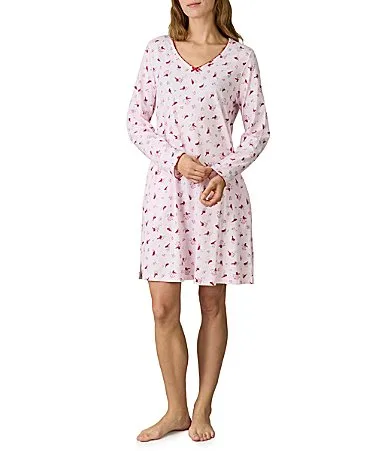 Cherry Blossom Print Long Sleeve V-Neck Cotton Jersey Knit Short Nightgown by Carole Hochman