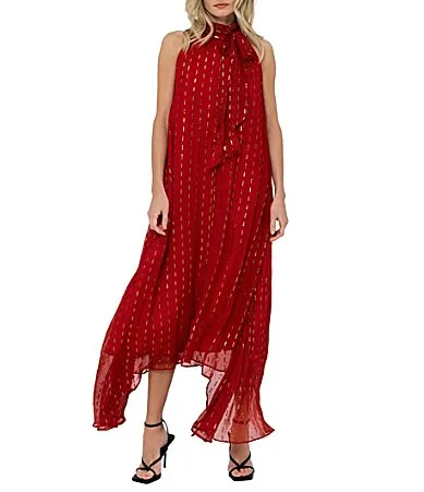 Sybil Metallic Halter Tie Neck Sleeveless Maxi Dress by Ciebon