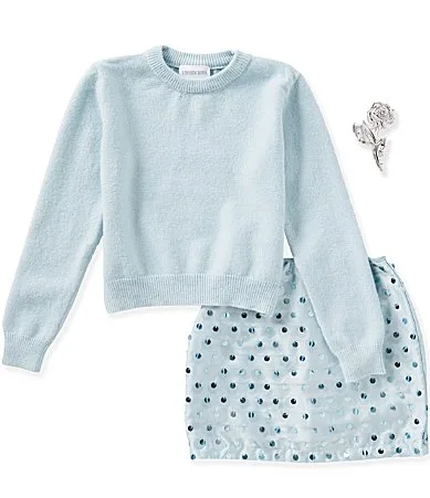 Long Sleeve Brushed Knit Sweater Paillette Sequin Embellished Skort Set by Tween Diva