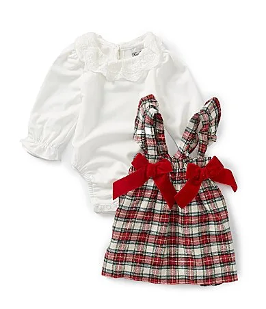 Sleeveless Plaid Jumper Dress Long-Sleeve Collared Bodysuit Set by Rare Editions