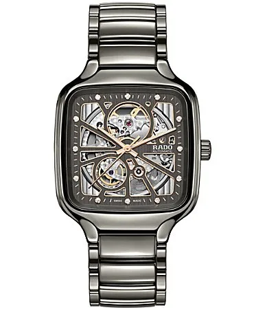 True Square Open Heart Automatic Gunmetal Tone Stainless Steel Bracelet Watch by Rado