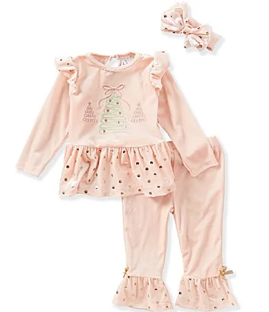 Long-Sleeve Christmas-Tree Motif Solid Velour Pindotted Top Coordinating Leggings Set by Baby Starters