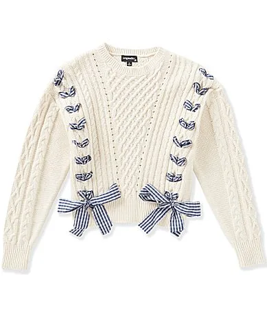 Long Sleeve Cable Lace Up Bow Pullover by Originality