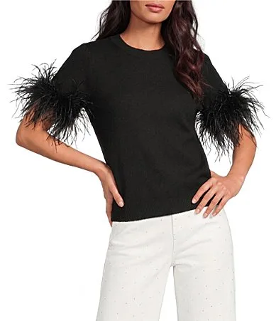 Crew Neck Short Sleeve Feather Trim Sweater by A Loves a