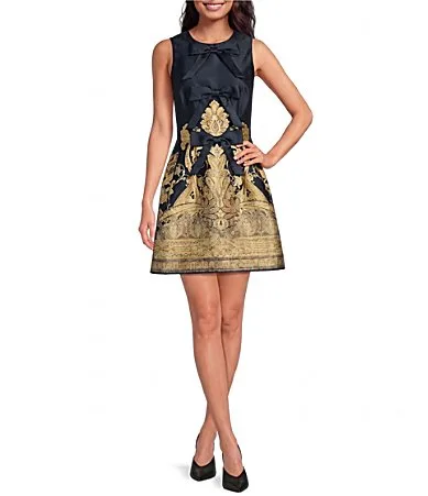Printed Scoop Neck Sleeveless Bow Front A-Line Mini Dress by A Loves a