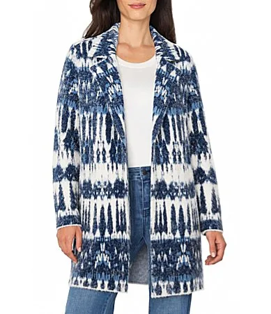 Fuzzy Jacquard Ikat Print Notch Collar Long Sleeve Sweater Coat by Liverpool Los Angeles