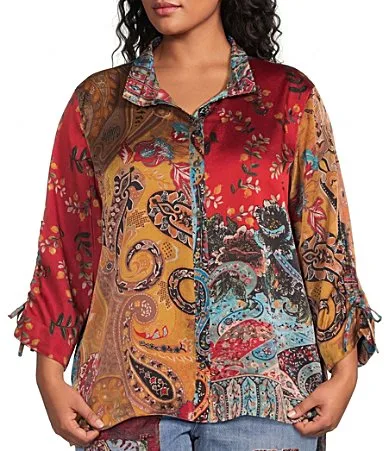 Woven Floral Paisley Wire Collar 3/4 Cinched Sleeve Button Front Blouse by John Mark