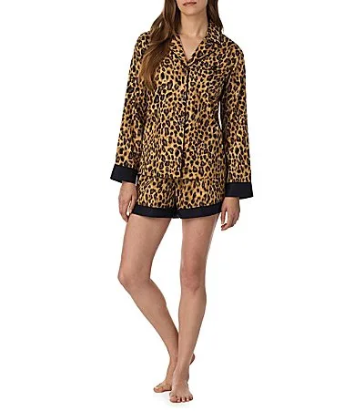 Leopard Print Sateen Long Sleeve Notch Collar Shorty Pajama Set by Ralph Lauren