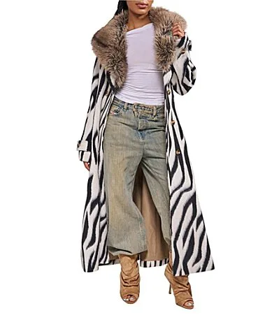 Softwave Zebra Wool Blend Faux Fur Oversize Shawl Collar Belted Trench Coat by Azalea Wang