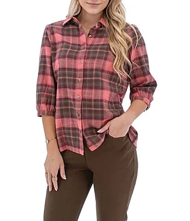 Fireside Flannel Woven Point Collar 3/4 Sleeve Button Front Shirt by Aventura