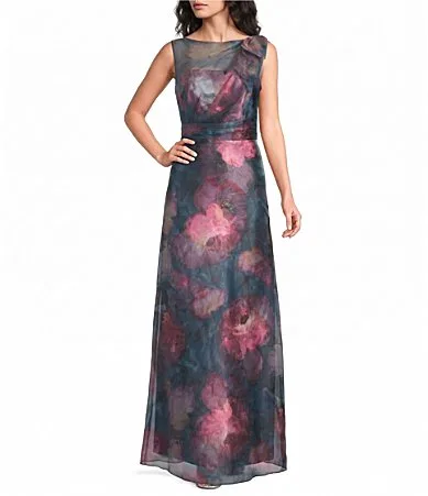 Romantic Poppy Print Organza Mikado Bateau Neck Bow Column Gown by Kay Unger