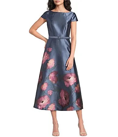 Romantic Poppy Mikado Bateau Neck Belted A-Line Midi Gown by Kay Unger