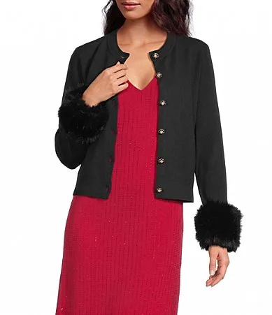 Knit Crew Neck Long Sleeve with Fur Trim Button Down Cardigan by Current Air