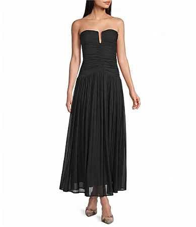 Beverly Strapless V-Neck Drop Waist Ruched Maxi Dress by Nia