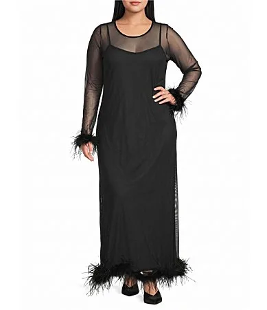 Round Neck Long Sleeve Feather Trim Mesh Maxi Dress by Never Fully Dressed