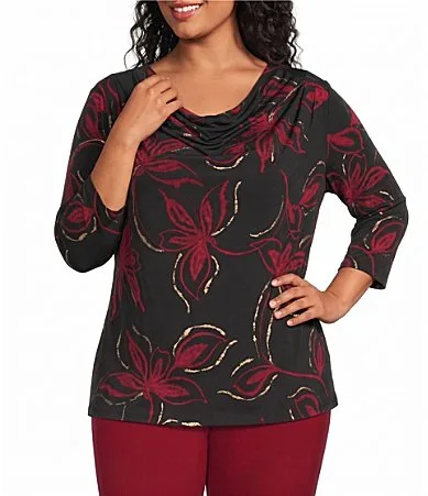 Foil Print Cowl Neck 3/4 Sleeve Top by Anne Klein