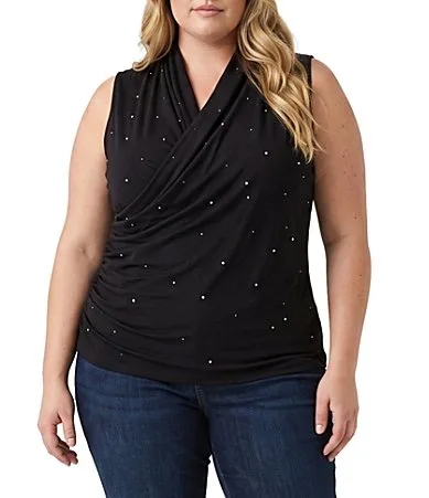 Jersey Knit Crossover Neck Sleeveless Front Rhinestones Embellished Top by Karen Kane