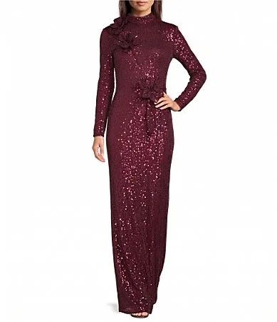 Mac Duggal Sequin Mock Neck Long Sleeve Flower Detail Gown by M.A.C.