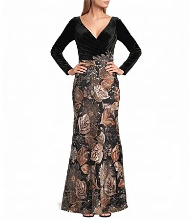 Mac Duggal Velvet Long Sleeve Embellished Skirt Column Gown by M.A.C.