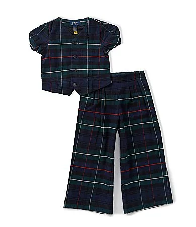 Short Sleeve Plaid Cotton Top Wide-Leg Pant 2-Piece Set by Polo Ralph Lauren