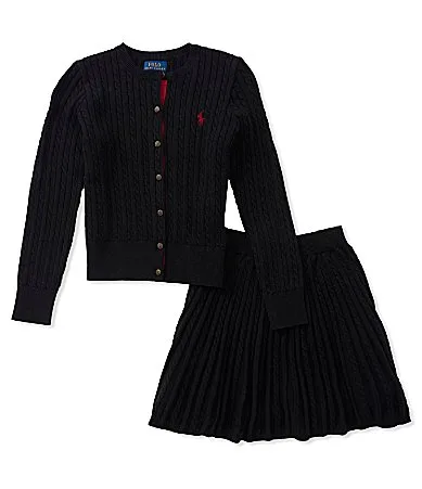 Long Sleeve Mini-Cable Cotton Cardigan Skirt 2-Piece Set by Polo Ralph Lauren